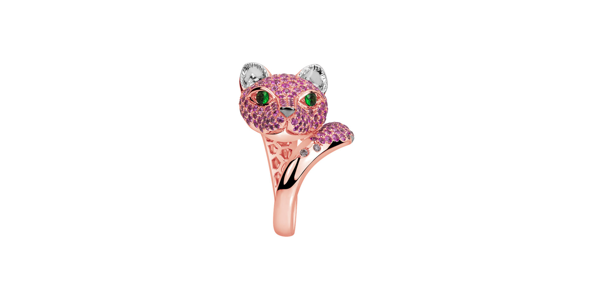 Prsten s diamanty, zelenými granáty a růžovými safíry Pink Panther