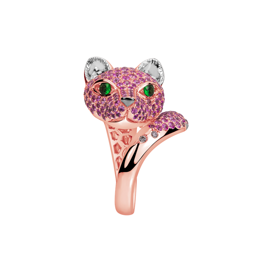 Prsten s diamanty, zelenými granáty a růžovými safíry Pink Panther