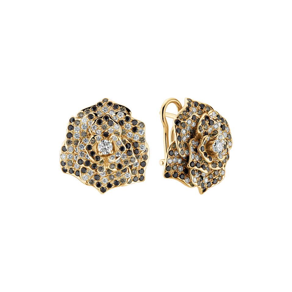 Náušnice s bielymi, hnedými a čiernymi diamantmi Witching Rose