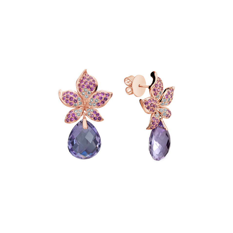 Náušnice s diamantmi, ametystom a zafírmi Plumeria Paradise