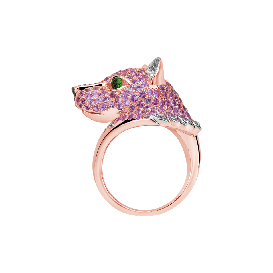 Prsten s diamanty, zelenými granáty a růžovými safíry Pink Panther